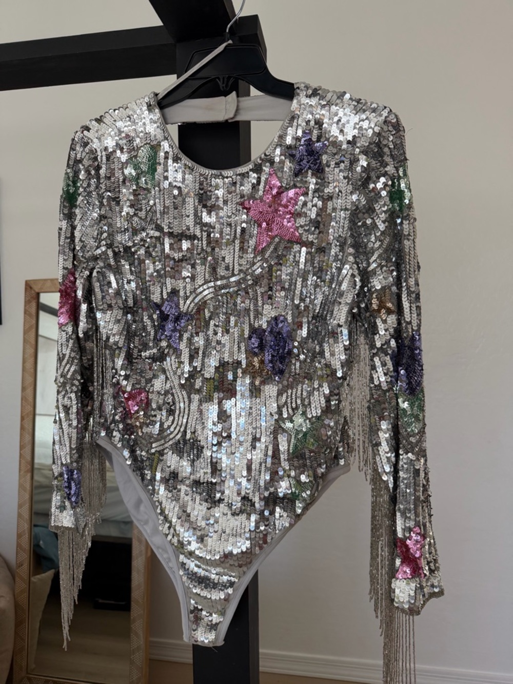 Nasty Gal Silver Sequin fringe sleeve Top
